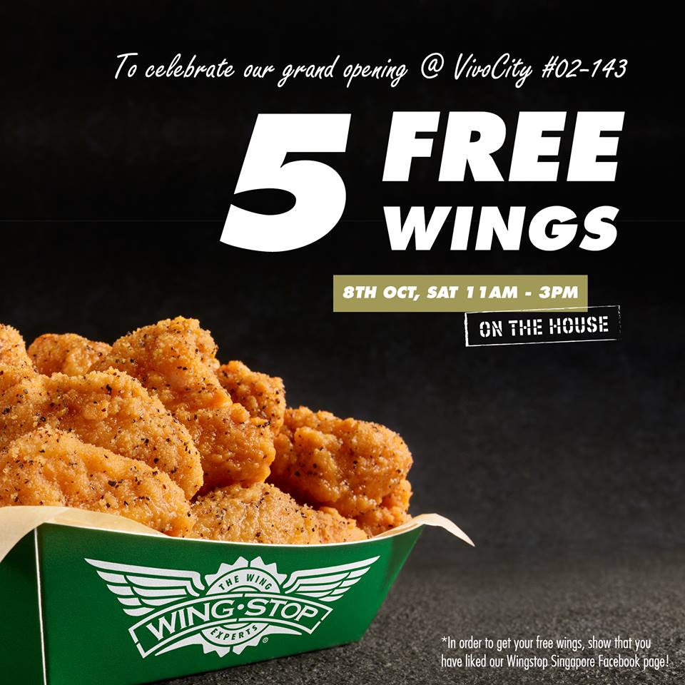 Wingstop Singapore VivoCity Grand Opening 5 FREE Wings Promotion 11am-3pm 8 Oct 2016