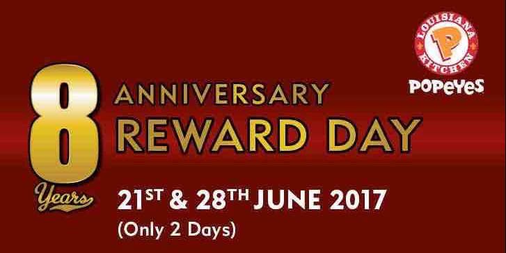 Popeyes singapore 8th Anniversary Reward Day $5 Voucher Promotion 21 & 28 Jun 2017