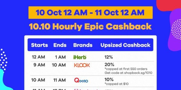 ShopBack Singapore 10.10 Hourly Epic Cashback Promotion 10-11 Oct 2019