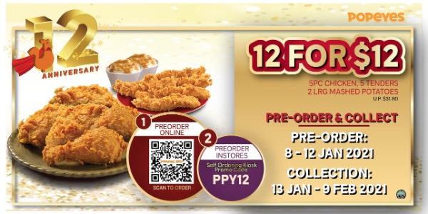 Popeyes Singapore 12th Anniversary 12 For $12 Promotion 8-12 Jan 2021