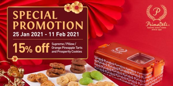 PrimaDeli Singapore 15% off our Supreme/Pillow/Orange Pineapple Tarts and Prosperity Cookies Promotion ends 11 Feb 2021
